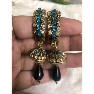 Indian Gold Plated Baby Blue Kundan Meenakari Earrings Jhumkas Jhumkis Bollywood